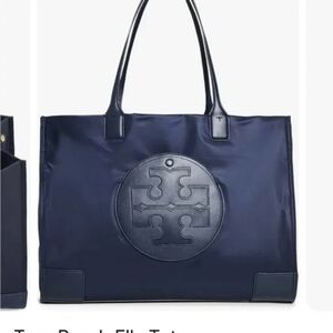 Tory Burch ELLA TOTE Leather Logo Midnight Blue - Black Purse Large
